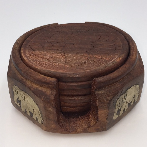 Vintage Elephant Drink Coasters Carved Wood Set Of 6 Brass Inlays - Picture 1 of 9